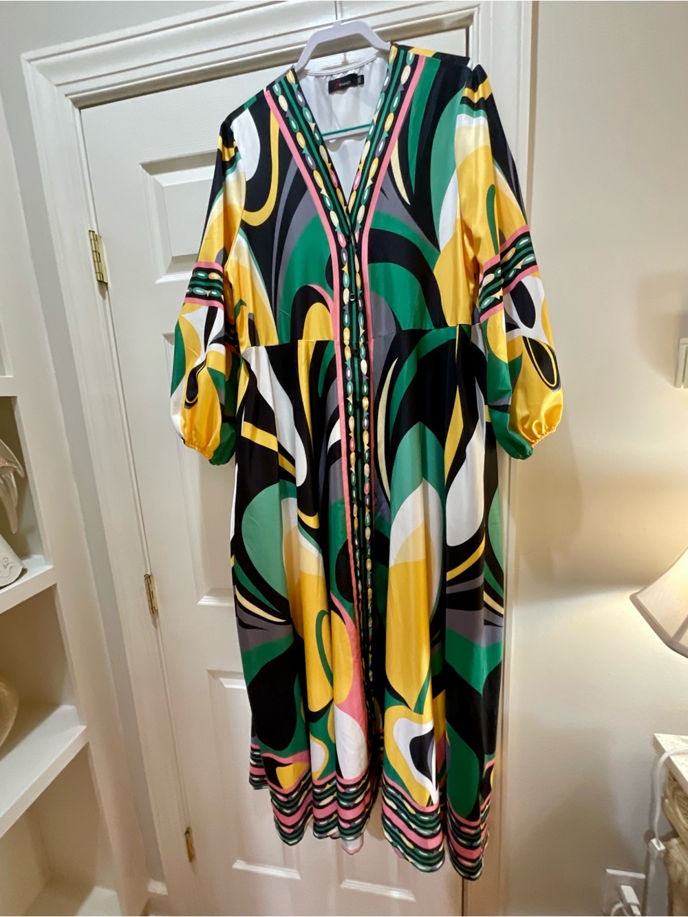 V-Neck Abstract Print Maxi Dress in Green, Yellow, Black & White